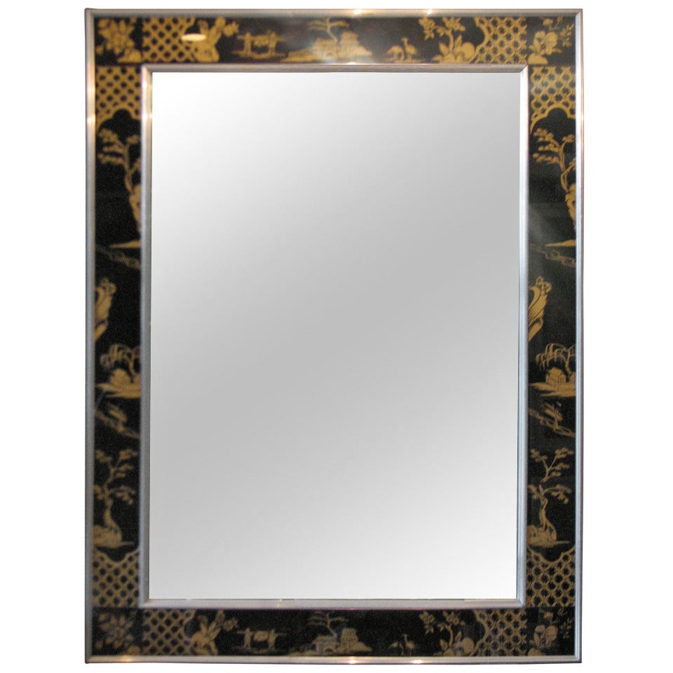 Rare Symmetrically-Framed La Barge Mirror Feat. Eglomise in Black and Gold