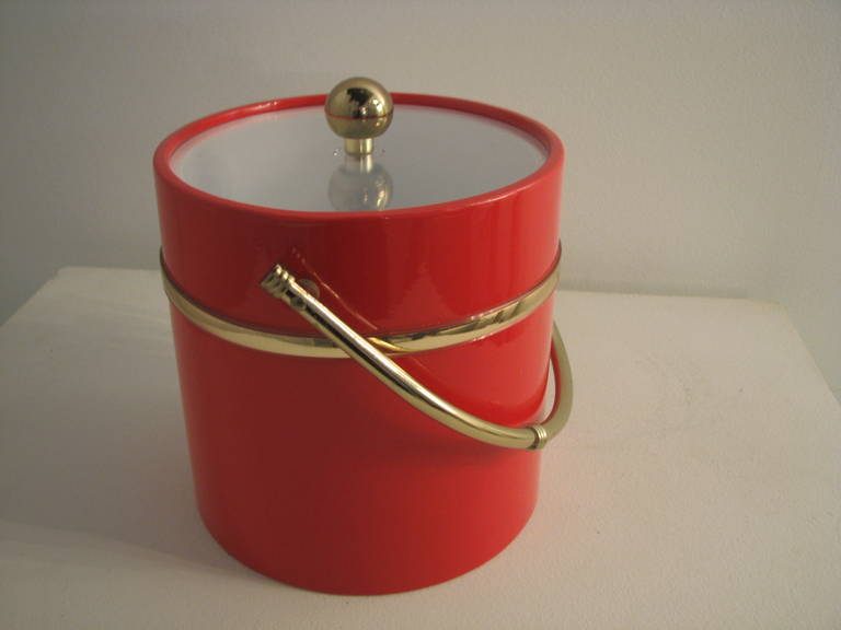 Red Acrylic and Brass Accent Ice Bucket