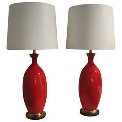 Pair of Red Ceramic Lamps with Brass Base