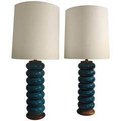 Pair of Cerulean Blue Crackle Ceramic Lamp