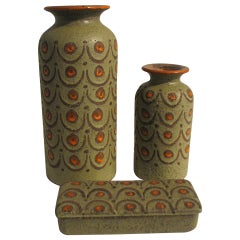 Three-Piece Green and Orange Italian Pottery Set