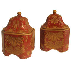Vintage Pair of Square Ceramic Printed Jars