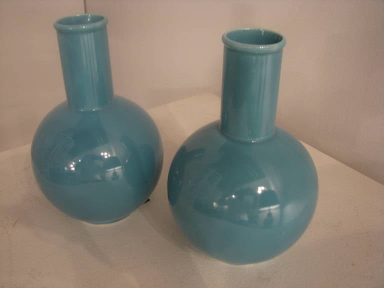 American Pair of Turquoise Ceramic Vases