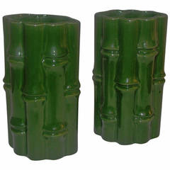 Pair of Green Ceramic Bamboo Vases