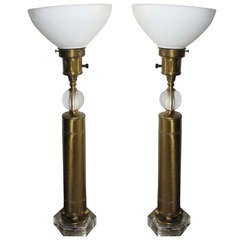 Pair of Deco Style Brass and Glass Lamps 3