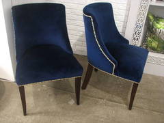 Set of Eight Dining Chairs with Blue Velvet Fabric and Brass Nailheads