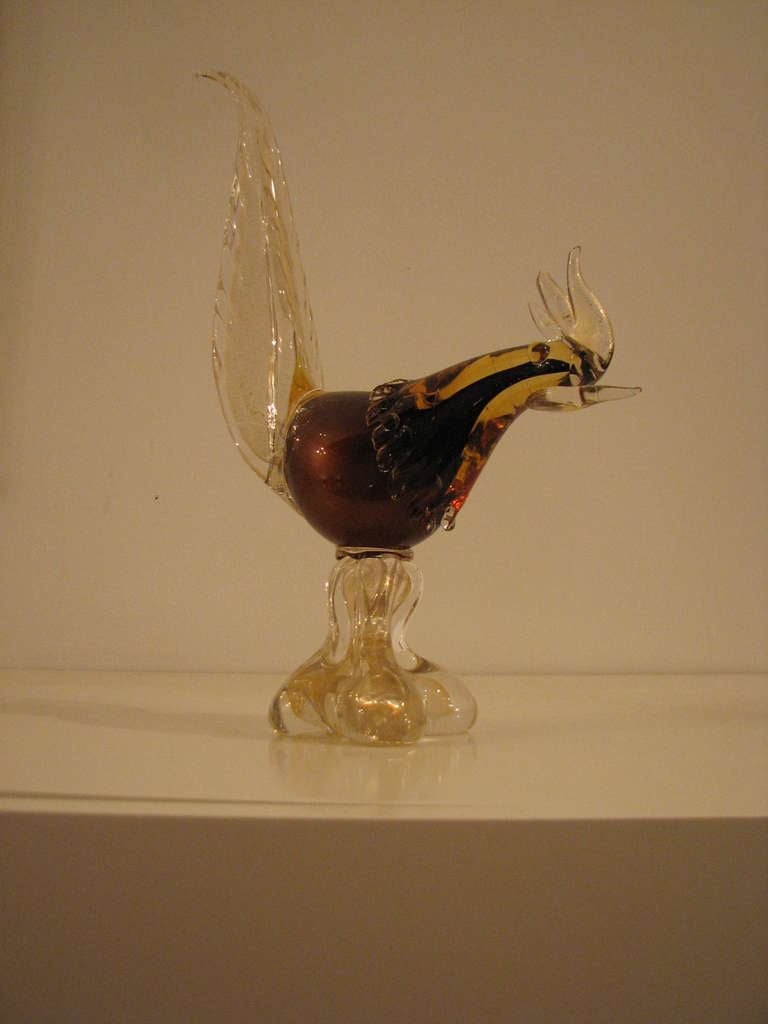 Hollywood Regency Pair of Murano Pheasant in Dark Amber For Sale