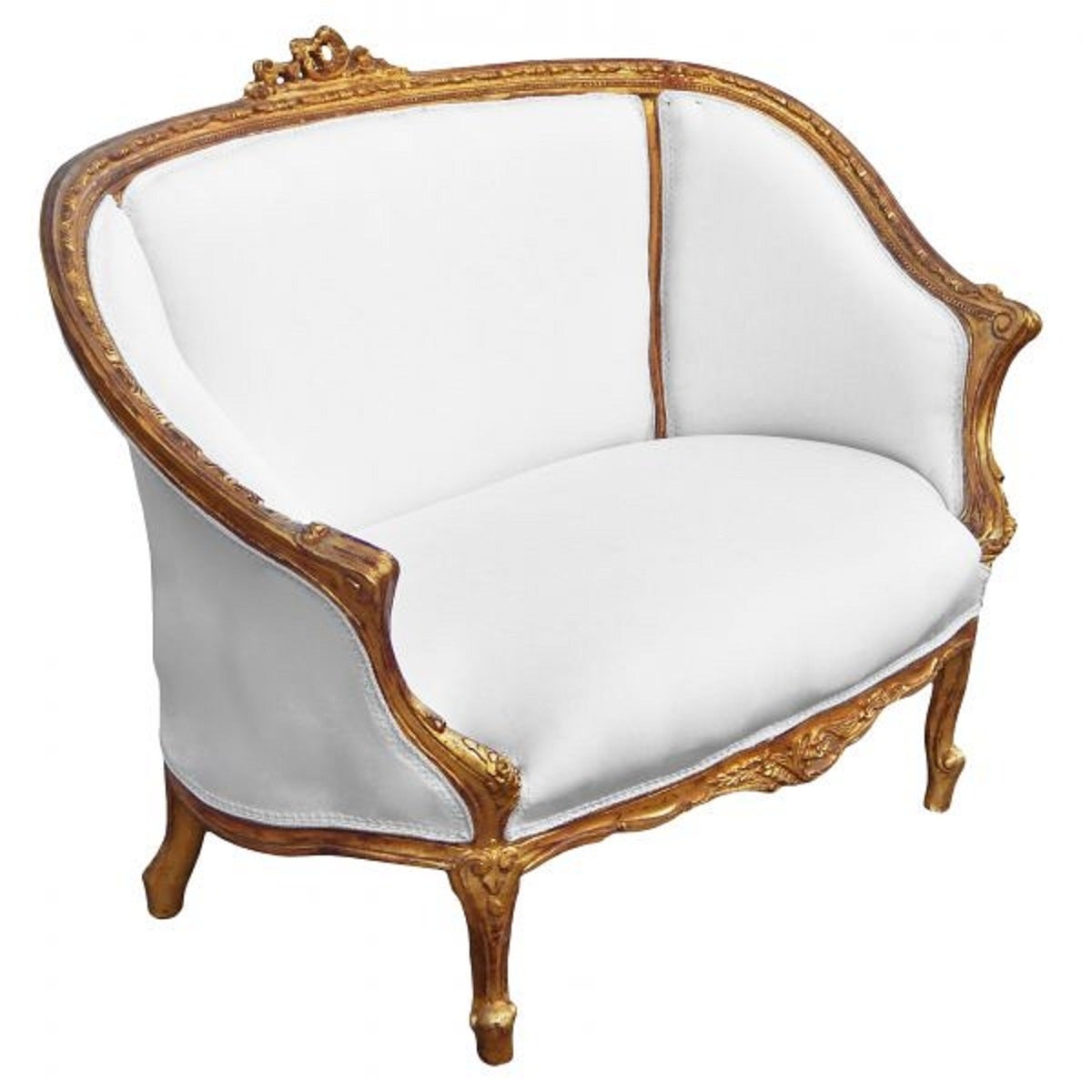 Beautiful Settee in the French Louis XVI style. Solid wood frame painted in gold leaf with carvings. Newly upholstered in white cotton fabric.