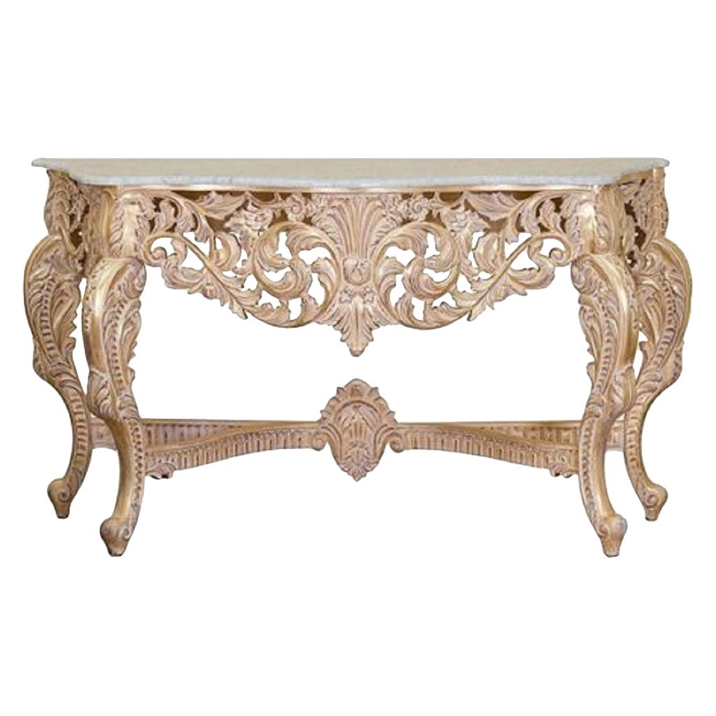 French Console in Louis XV Baroque Style Console Table in Gold Leaf and Marble  For Sale