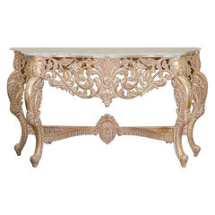 French Console in Louis XV Baroque Style Console Table in Gold Leaf and Marble 