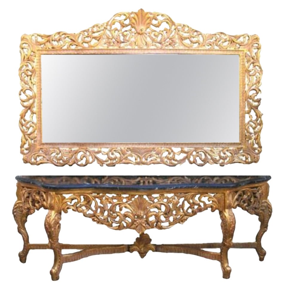 French Console in Louis XV Rococo Style, Console Table with Mirror