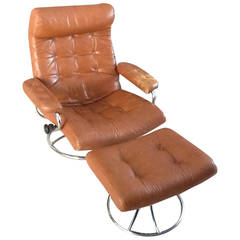 Mid Century Brown Leather Lounge Chair and Ottoman
