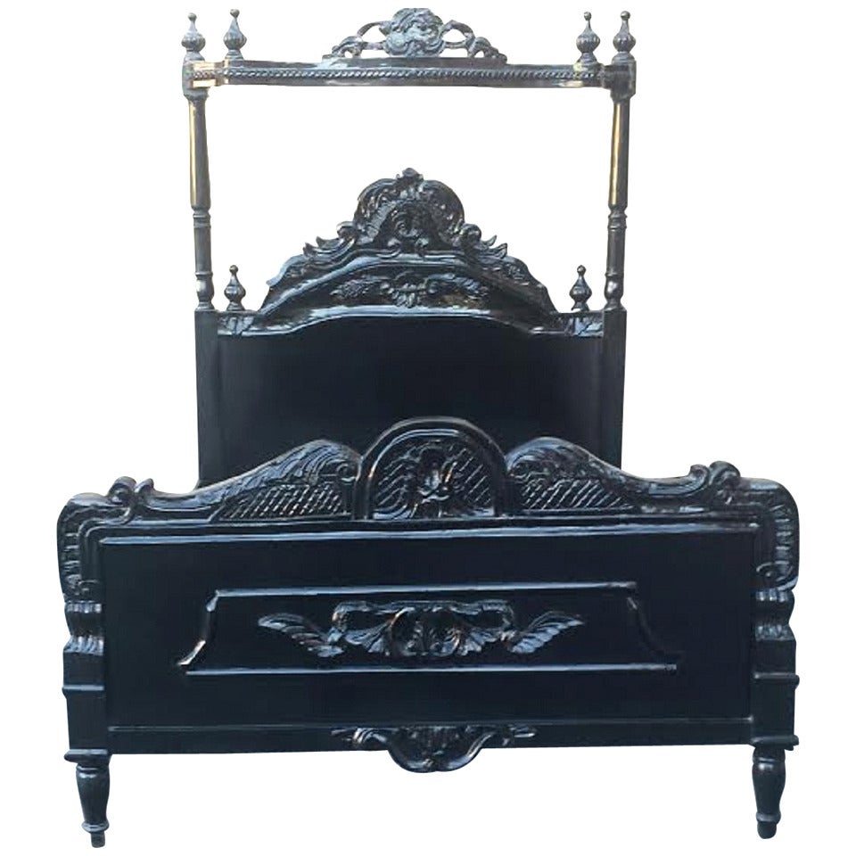 French Bed,  Louis XV Style Bed Black in Queen Size For Sale