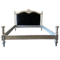 French Bed Silver and Black Velvet in Louis XV Baroque Style Queen Size
