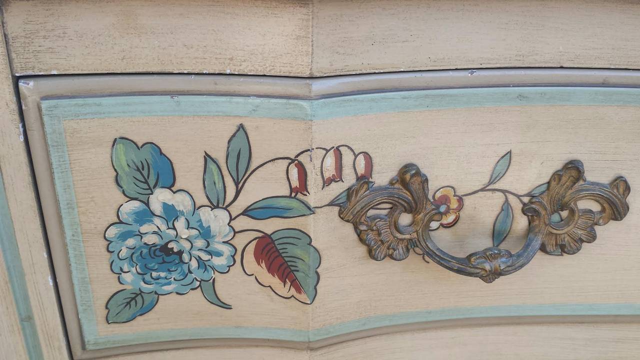 American French Chest Dresser, Floral Painted Chest of Drawers by John Widdicomb For Sale