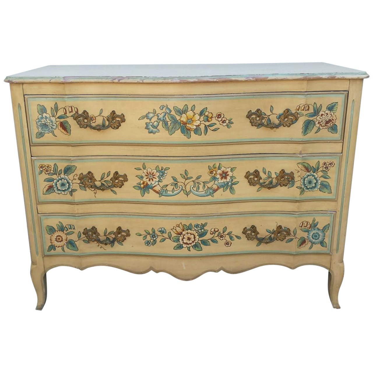 French Chest Dresser, Floral Painted Chest of Drawers by John Widdicomb For Sale
