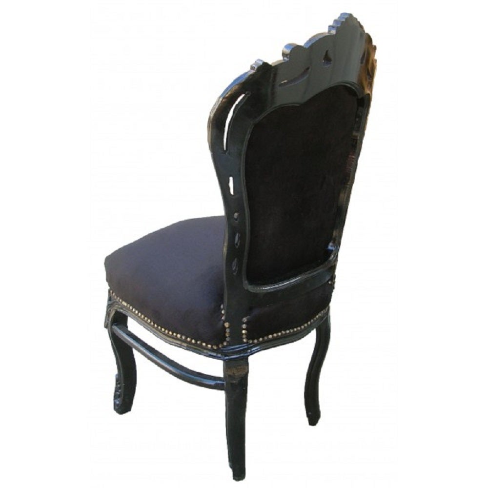 Set of 6 matching French Louis XV style chairs. Newly painted in black. Newly upholstered in black velvet fabric. With nail head trim. 
Price is for all 6 chairs, if you need only 4 chairs please contact us.