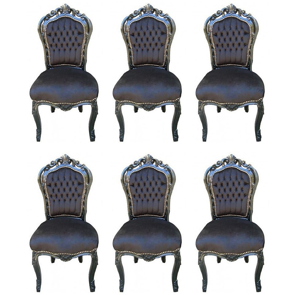 Set of Six Black French Louis XV Style Dining Side Chairs