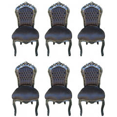 Set of Six Black French Louis XV Style Dining Side Chairs