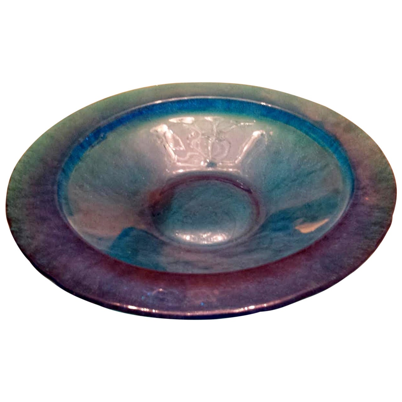Large Vintage Mid Century Aqua Glass Bowl Dish For Sale