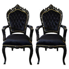 Pair of French Louis XV Style Black Armchairs