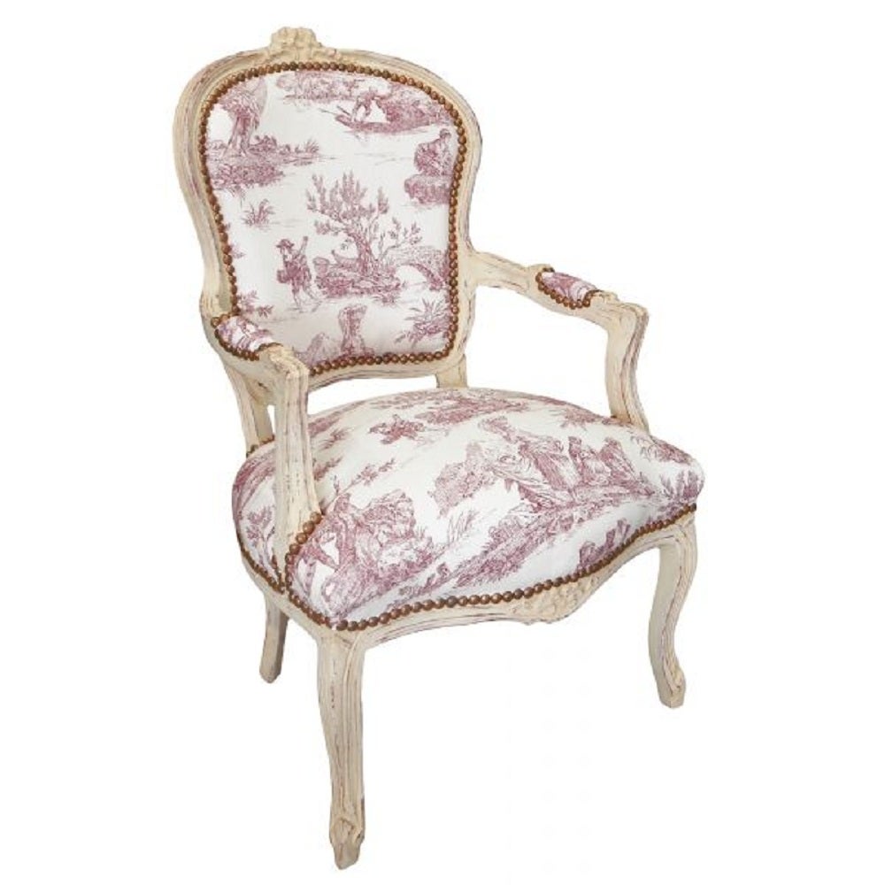 French Louis XV style Armchairs in distressed beige. Newly upholstered in Cotton Toile Fabric with a decorative nail heads trim.

Dimensions: 24