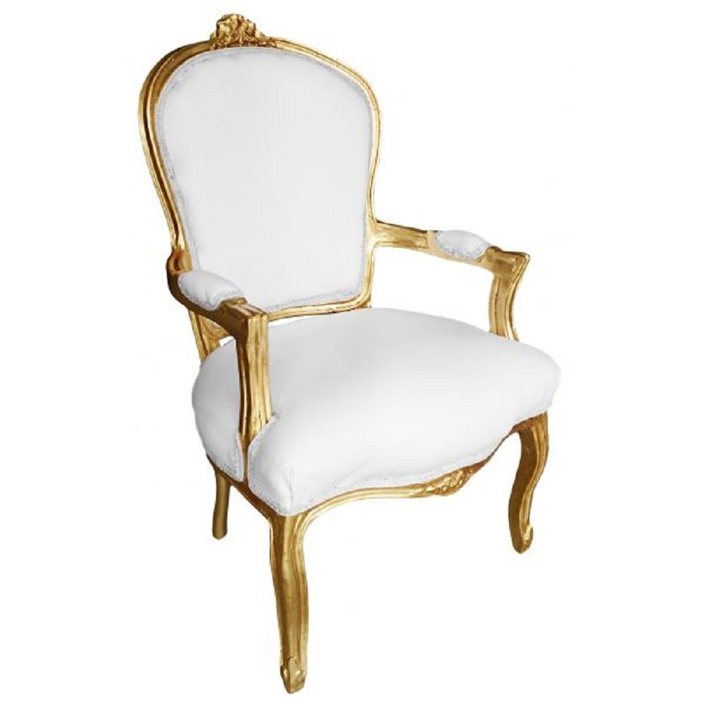 Pair of french Louis XV style armchairs. Recently newly painted in gold and Newly upholstered in white velvet blend.

Dimensions: 24
