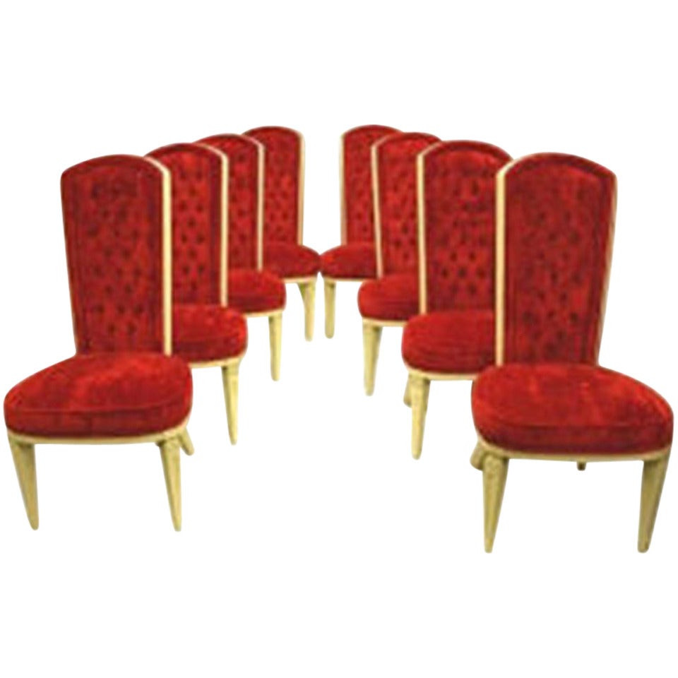 Set of Mid Century 8 Dining Chairs High Back in Red Velvet