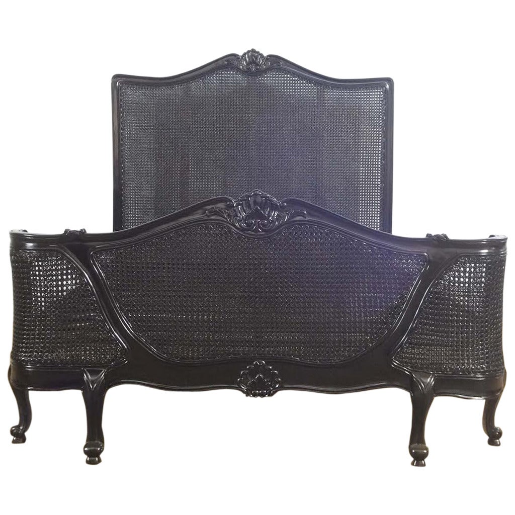 French Queen Bed, French Louis XV Farmhouse Style Cane Black Bed Queen Size For Sale