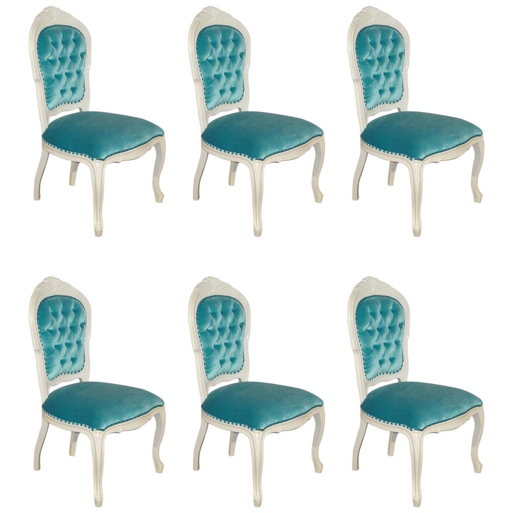 Set of Six French Louis XV Style Side Chairs in Turquoise and White