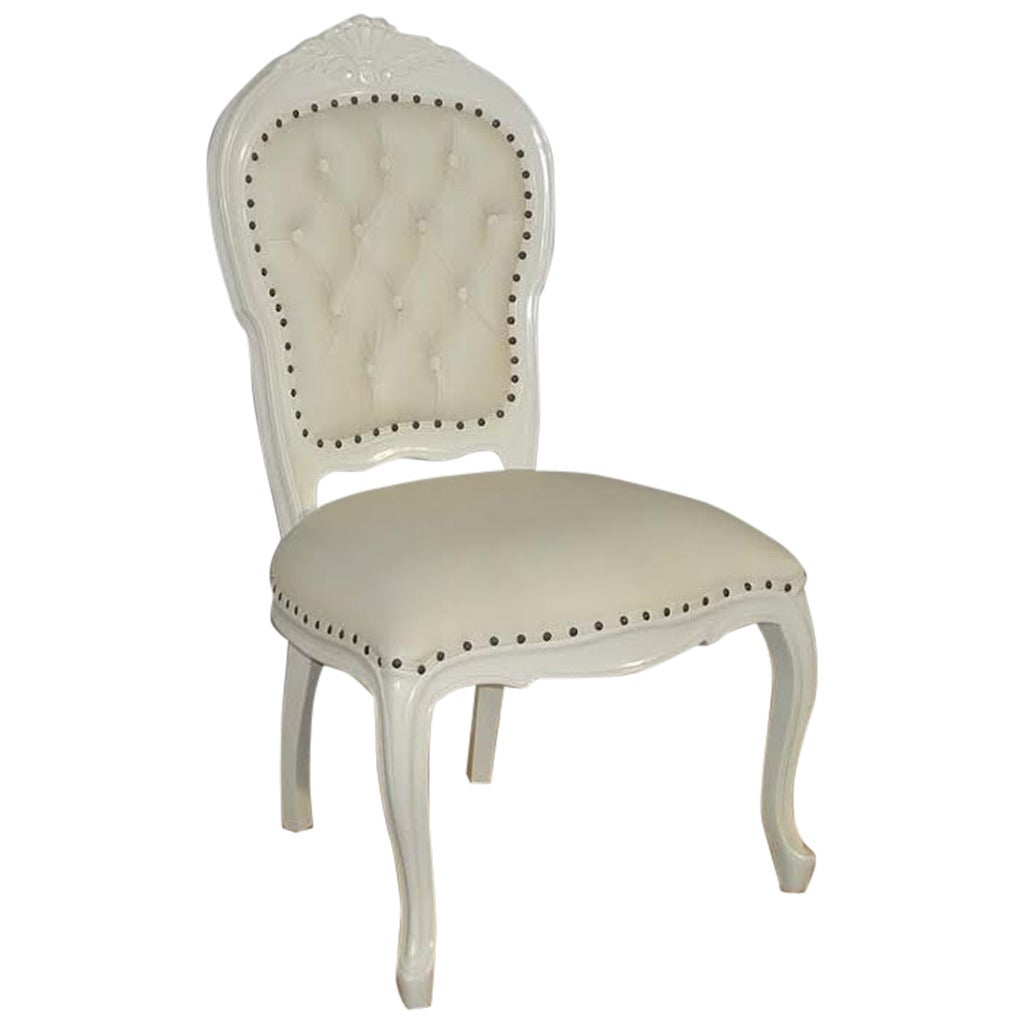 Side Chair, French Louis XV Style White Side Desk Chair in Leather For Sale