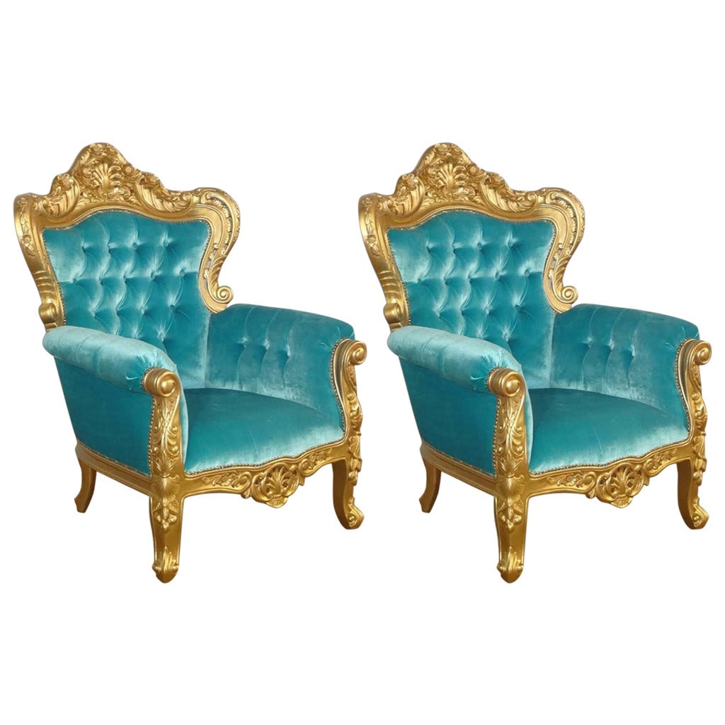 Arm Chairs, Pair of French Louis XV Rococo Bergere Style Carved Arm Chairs