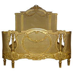 French Louis XV Style Gold Cane Bed in Queen Size