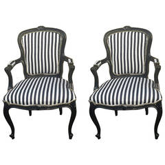 French Armchairs, Pair of French Louis XV Style Black and White Striped Armchair