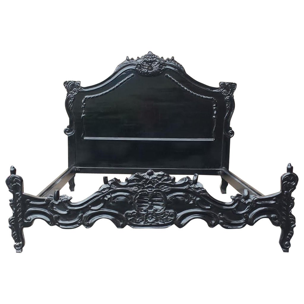 French King Bed, French Louis XV Style Carved Black Bed Frame, King-Size For Sale