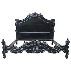 Vintage French King Bed, French Louis XV Style Carved Black Bed Frame, King-Size