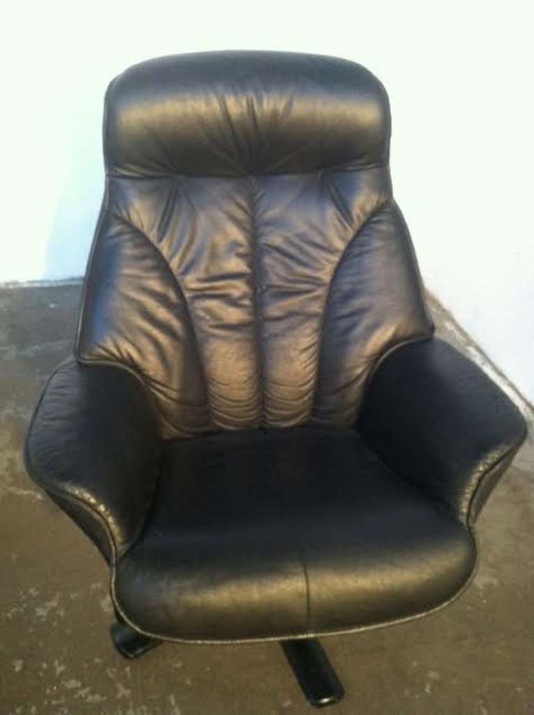 Black Leather Recliner and ottoman by Hjellegjerde Mobler In Excellent Condition In Glendale, CA