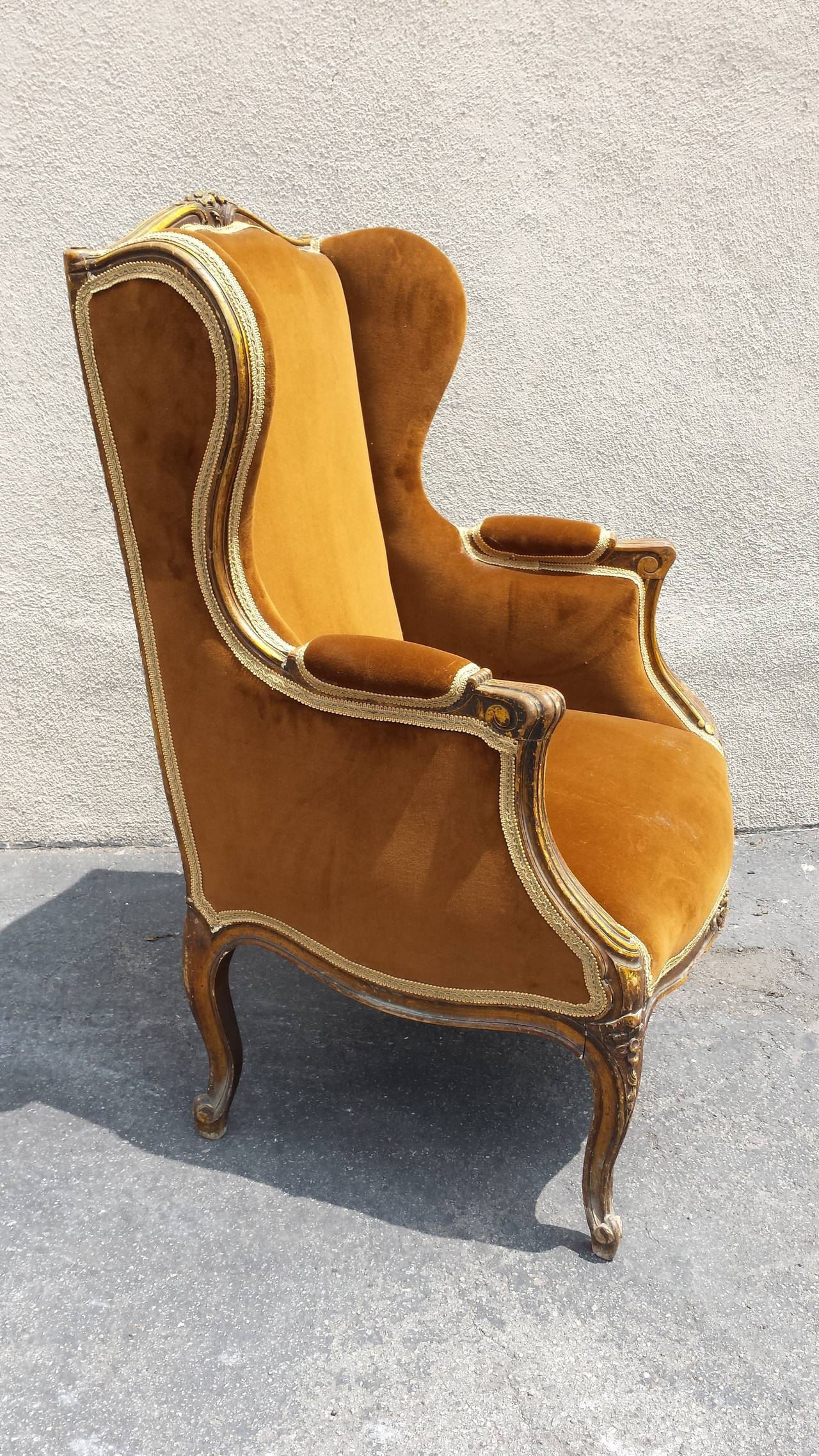 Beautiful Armchair in original gold brown velvet upholstery.