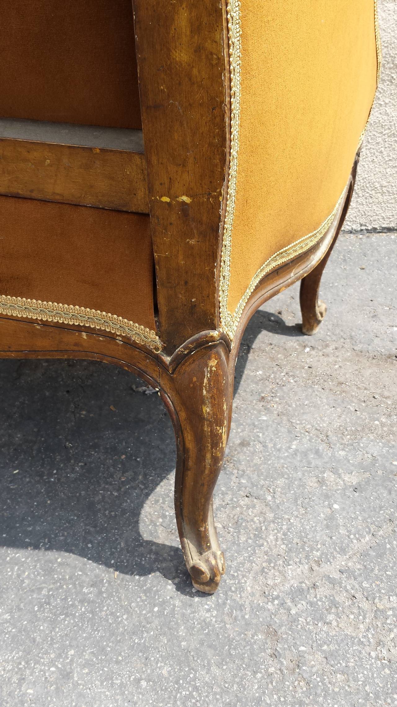 Velvet French Chair, French Louis XV Style Bergere Armchair For Sale