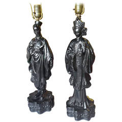 Table Lamps, Pair of Large Black Oriental Figure Table Lamps