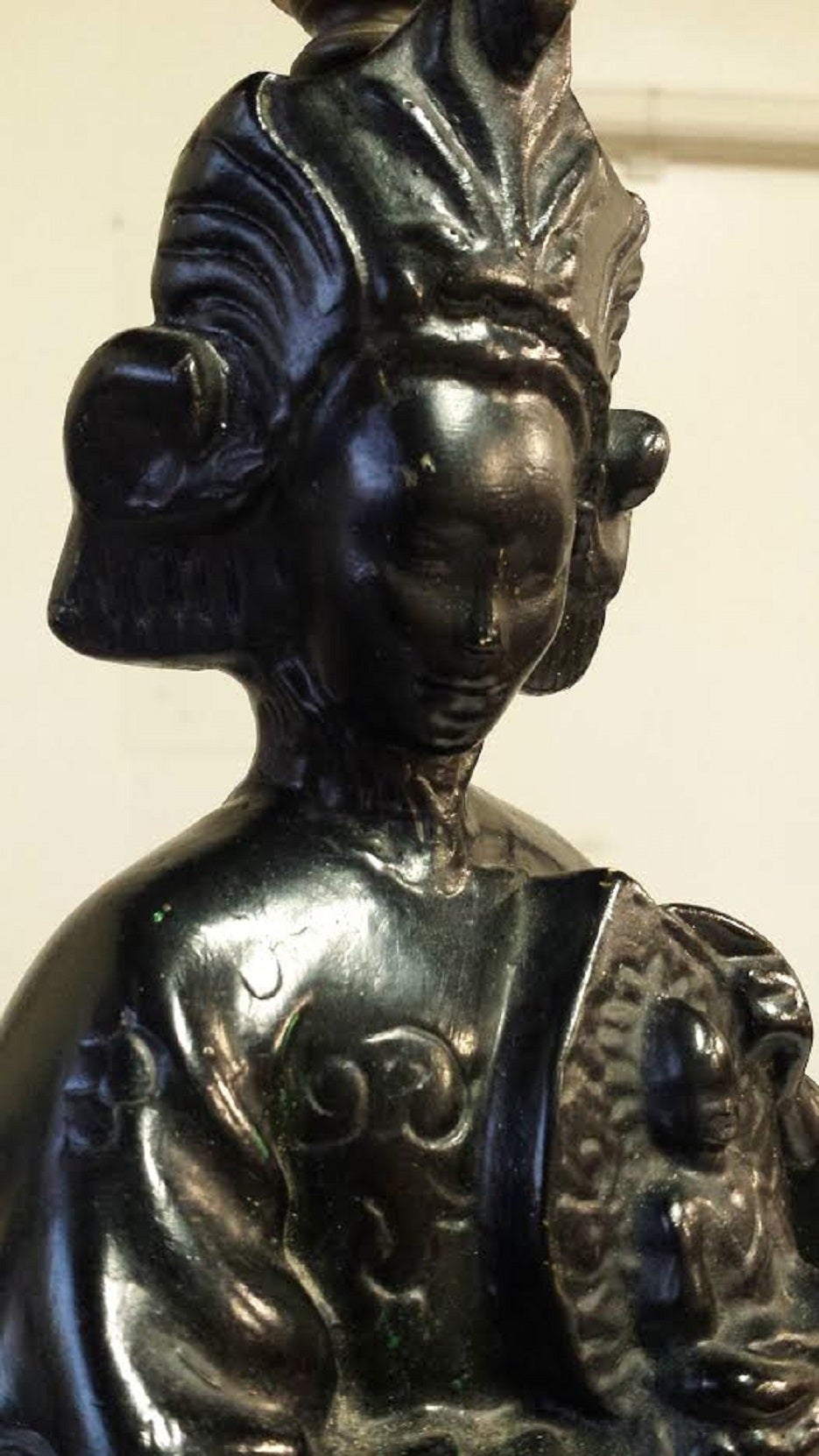 Table Lamps, Pair of Large Black Oriental Figure Table Lamps