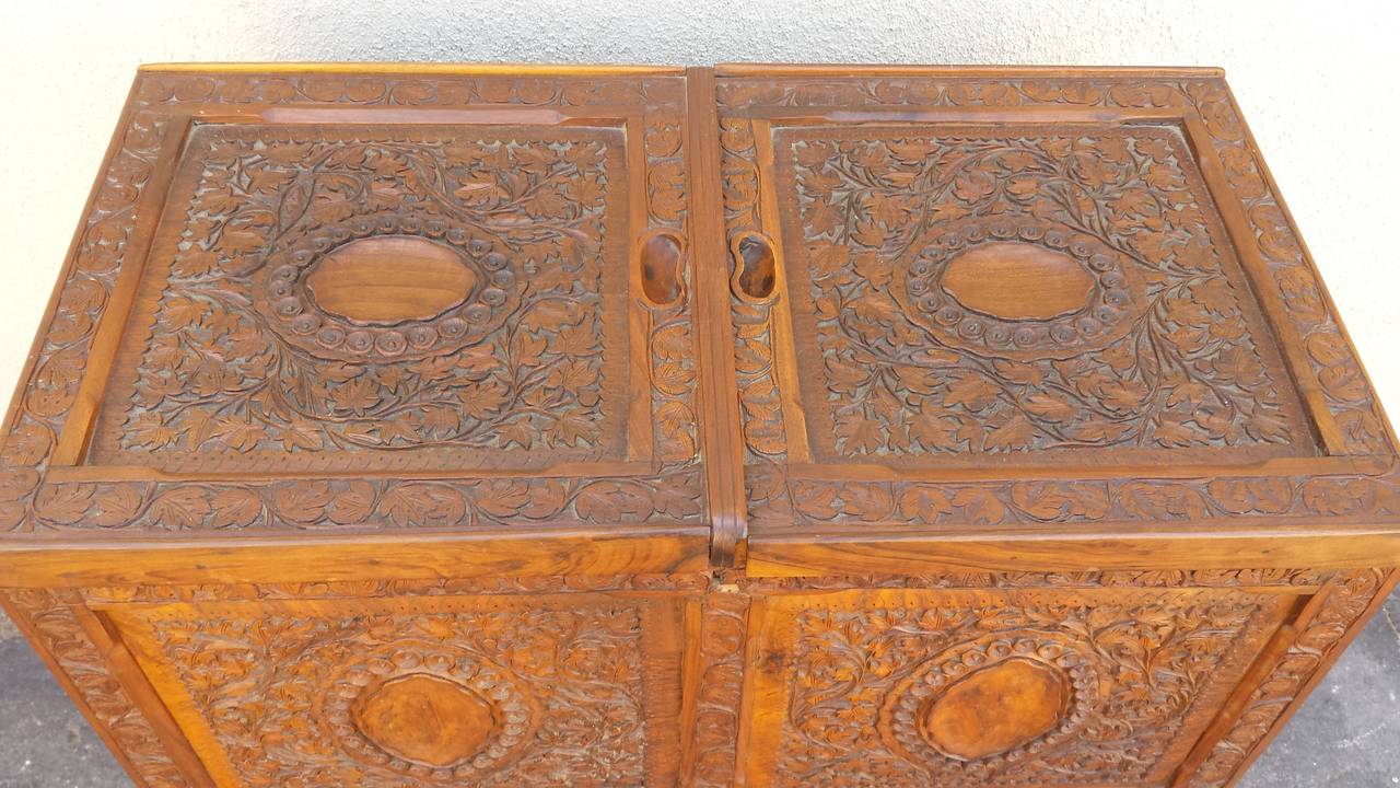 Mid-Century Modern Bar Chest,  Unique Oriental Asian Style Carved Pop Up Bar Cabinet For Sale