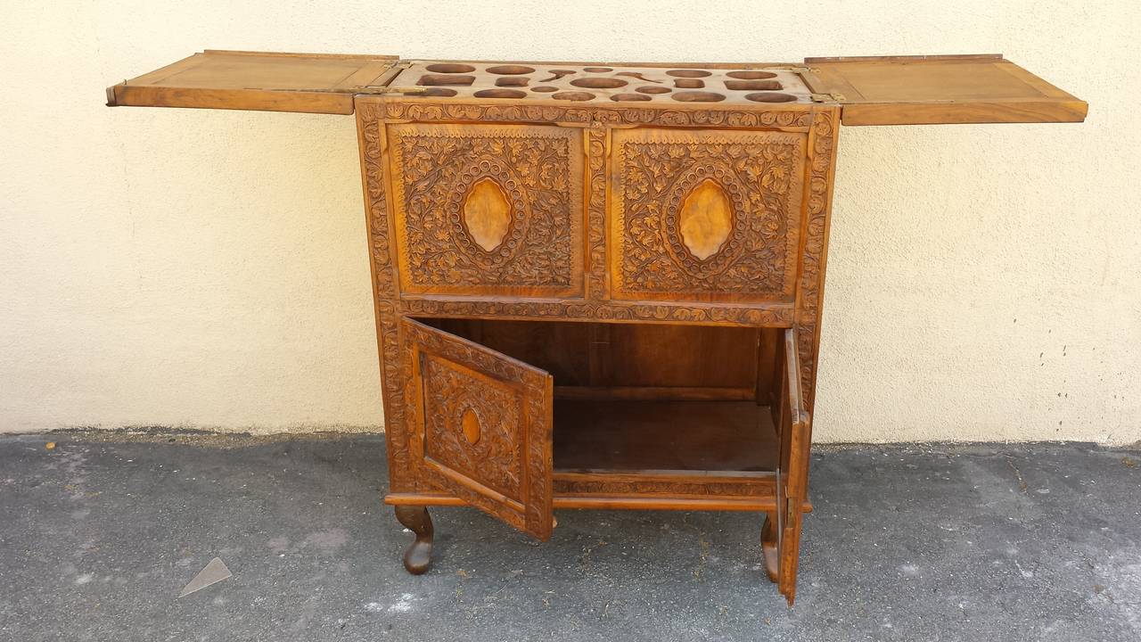 Wood Bar Chest,  Unique Oriental Asian Style Carved Pop Up Bar Cabinet For Sale