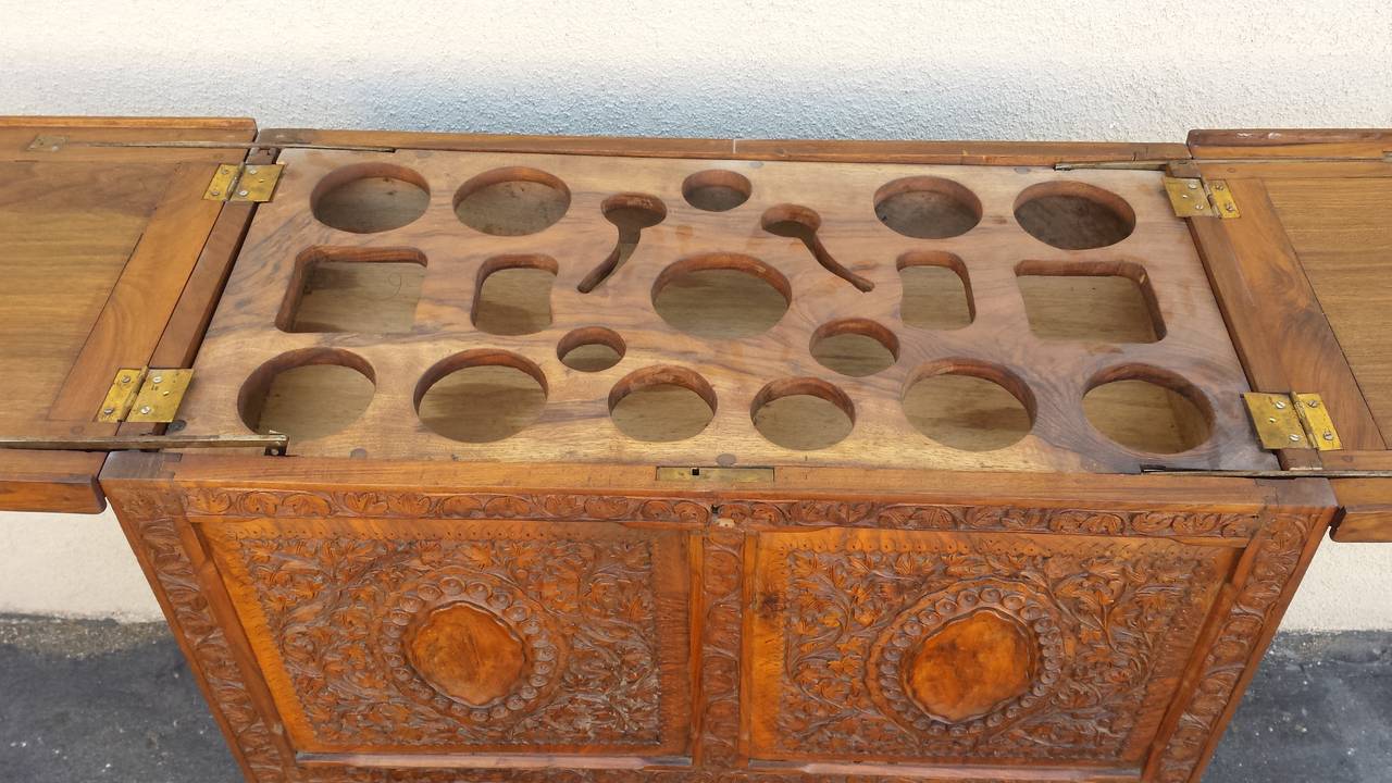 Bar Chest,  Unique Oriental Asian Style Carved Pop Up Bar Cabinet In Excellent Condition For Sale In Glendale, CA