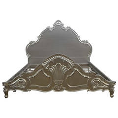 French Louis XV Style King-Size Bed Frame in Silver Leaf