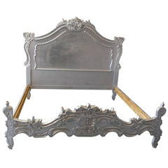 Vintage French Bed, French Louis XV Style Silver Leaf Carved Bed Frame, King-Size
