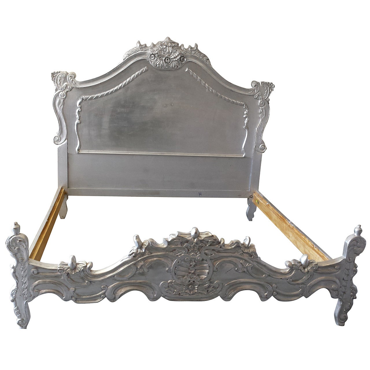 French Bed, French Louis XV Style Silver Leaf Carved Bed Frame, King-Size For Sale
