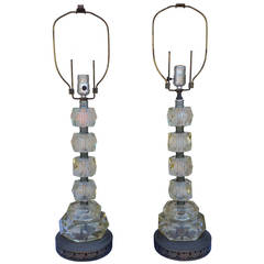 Table Lamps,  Pair of Mid-Century Glass Cut Lamps