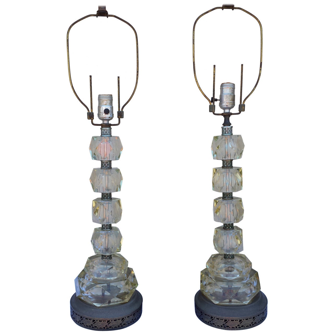 Table Lamps,  Pair of Mid-Century Glass Cut Lamps For Sale