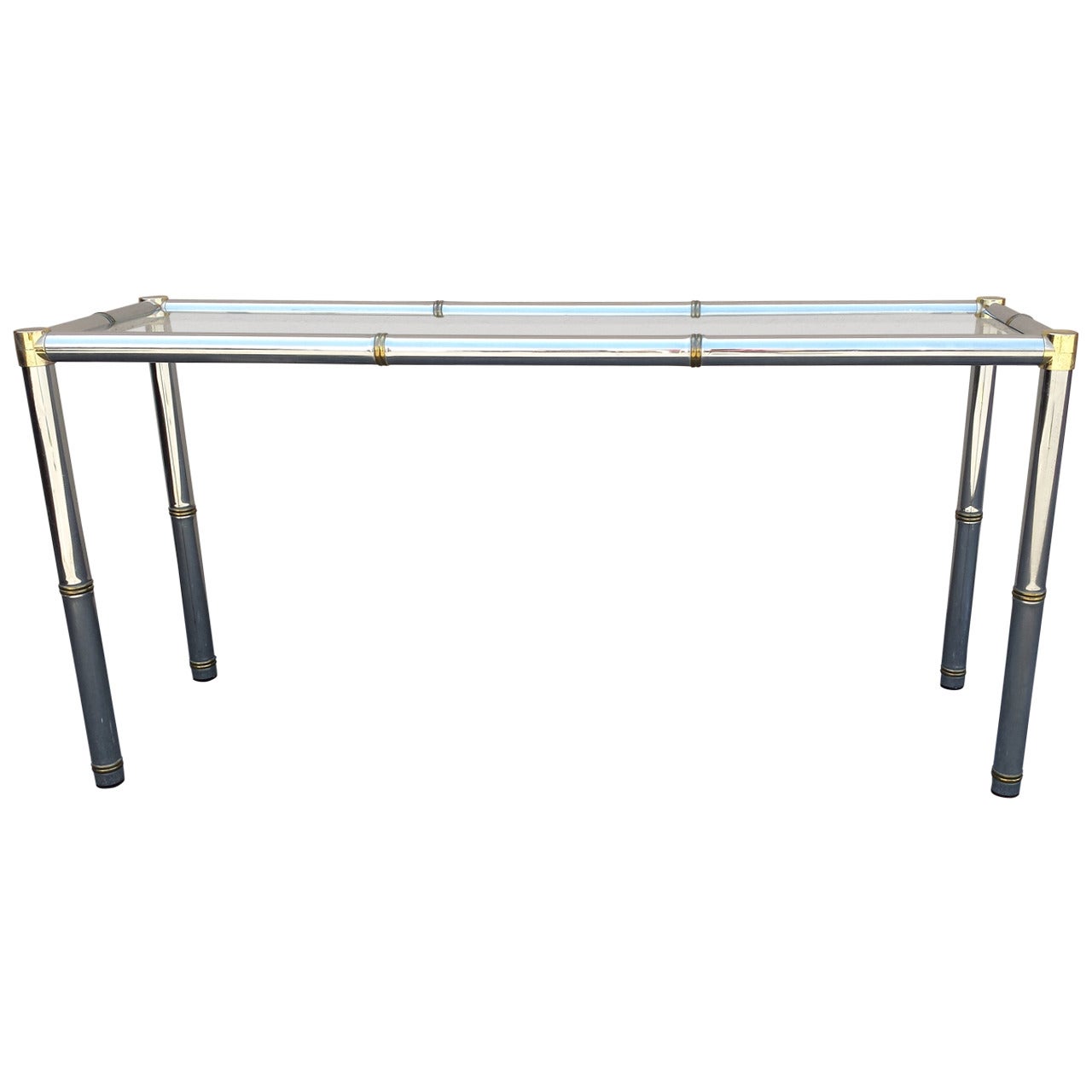 Console Table, Mid Century Chrome Console or Sofa Table with Glass Top For Sale